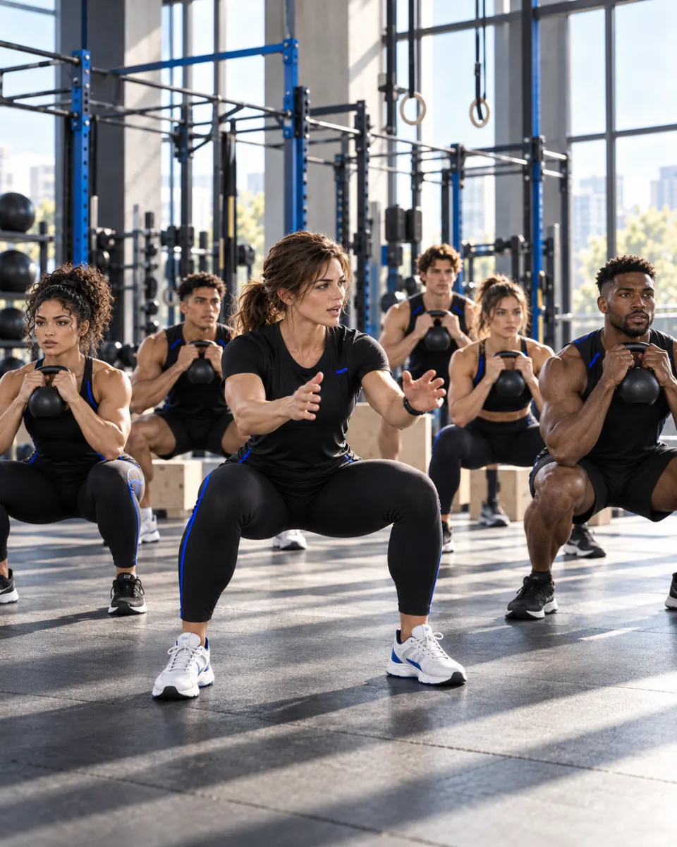Treinadora conduzindo uma turma de agachamento com kettlebell no box