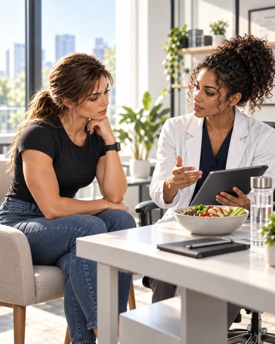 Nutricionista explicando o plano alimentar à paciente durante a consulta