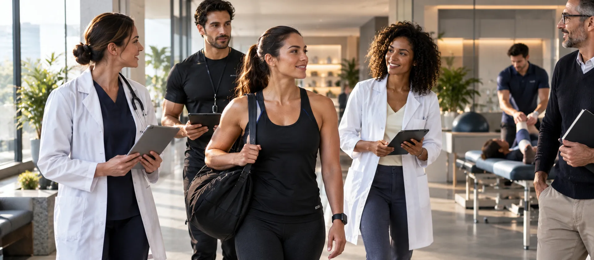 Equipe de saúde e de treino caminhando pela clínica